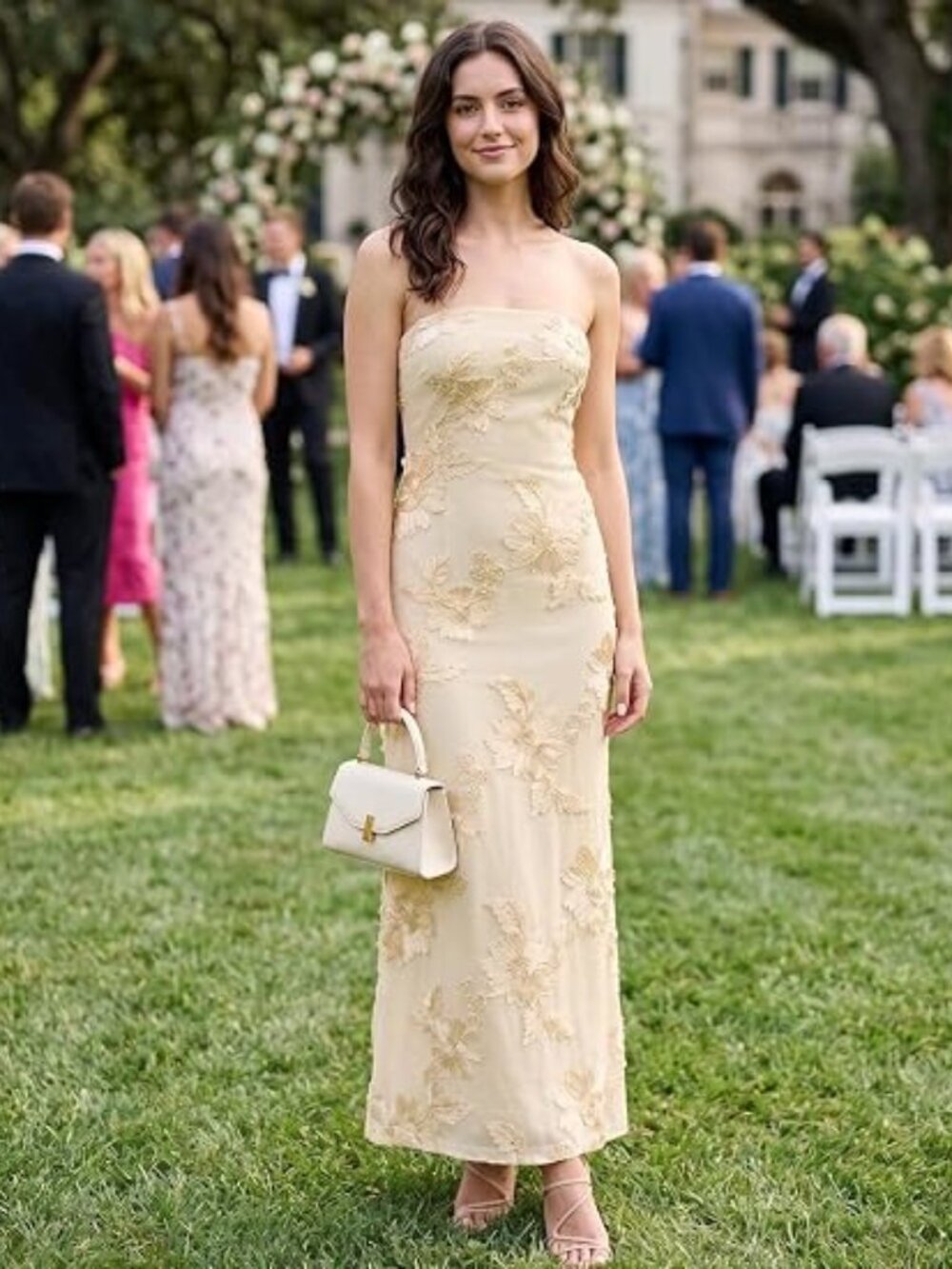 Women's Summer Floral Strapless Mesh Wedding Guest Cocktail Maxi Dress